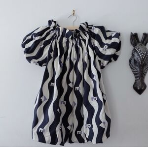 Navy and White Wave Print Puff Sleeve Off Shoulder Mini Dress